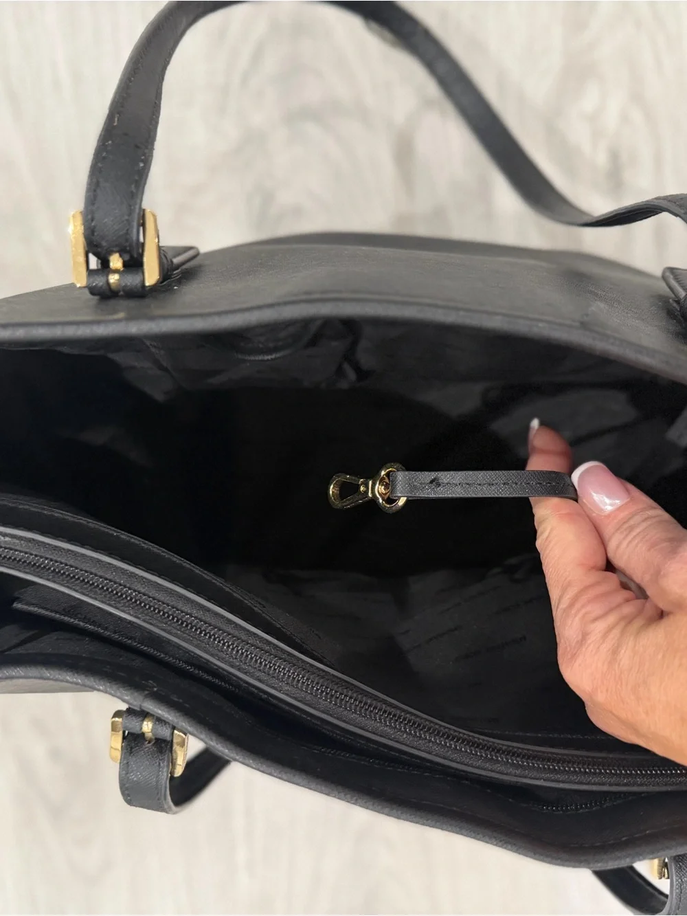 Michael Kors Black Leather Tote with Gold MK Charm